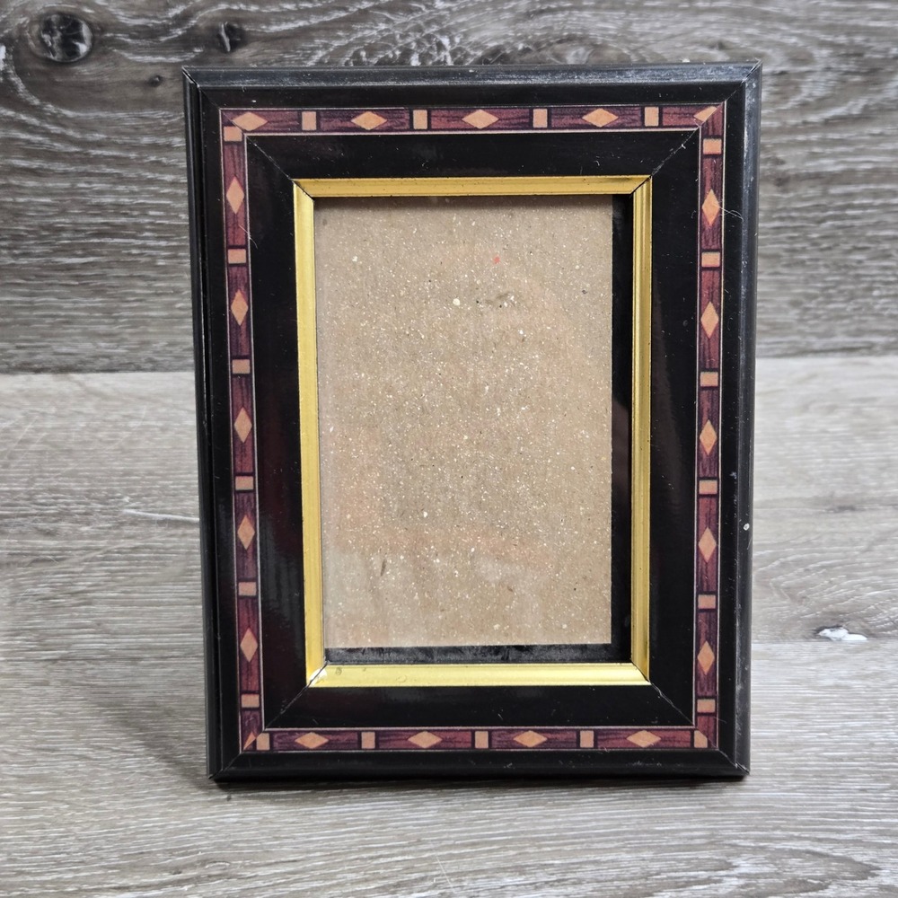 Vintage Black Lacquer‎ Picture Frame Inlaid Wood Diamond Pattern Border 5.5x7